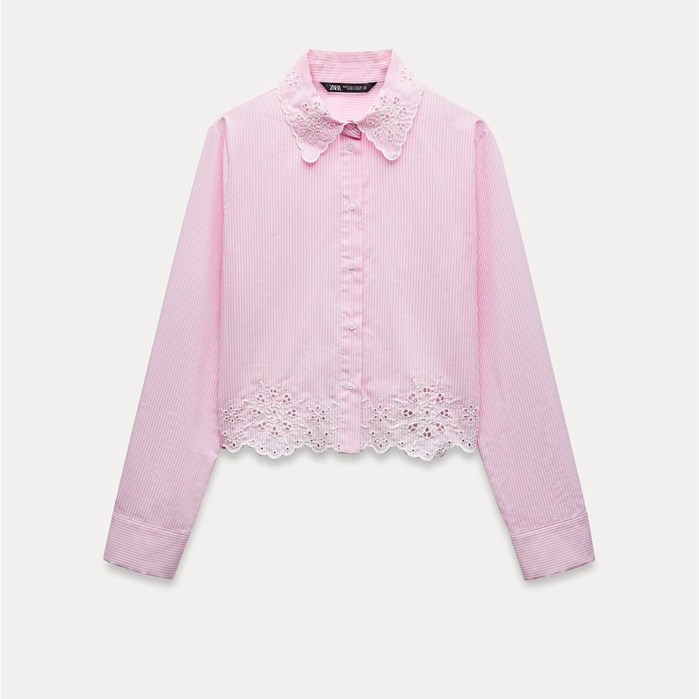 Zara Pink Embroidered Eyelet Striped Crop Shirt Small